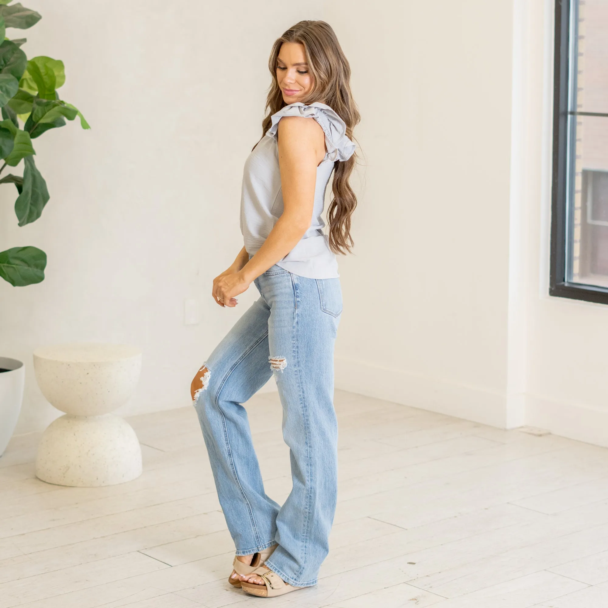Satisfying Super High Rise Distressed Straight Leg