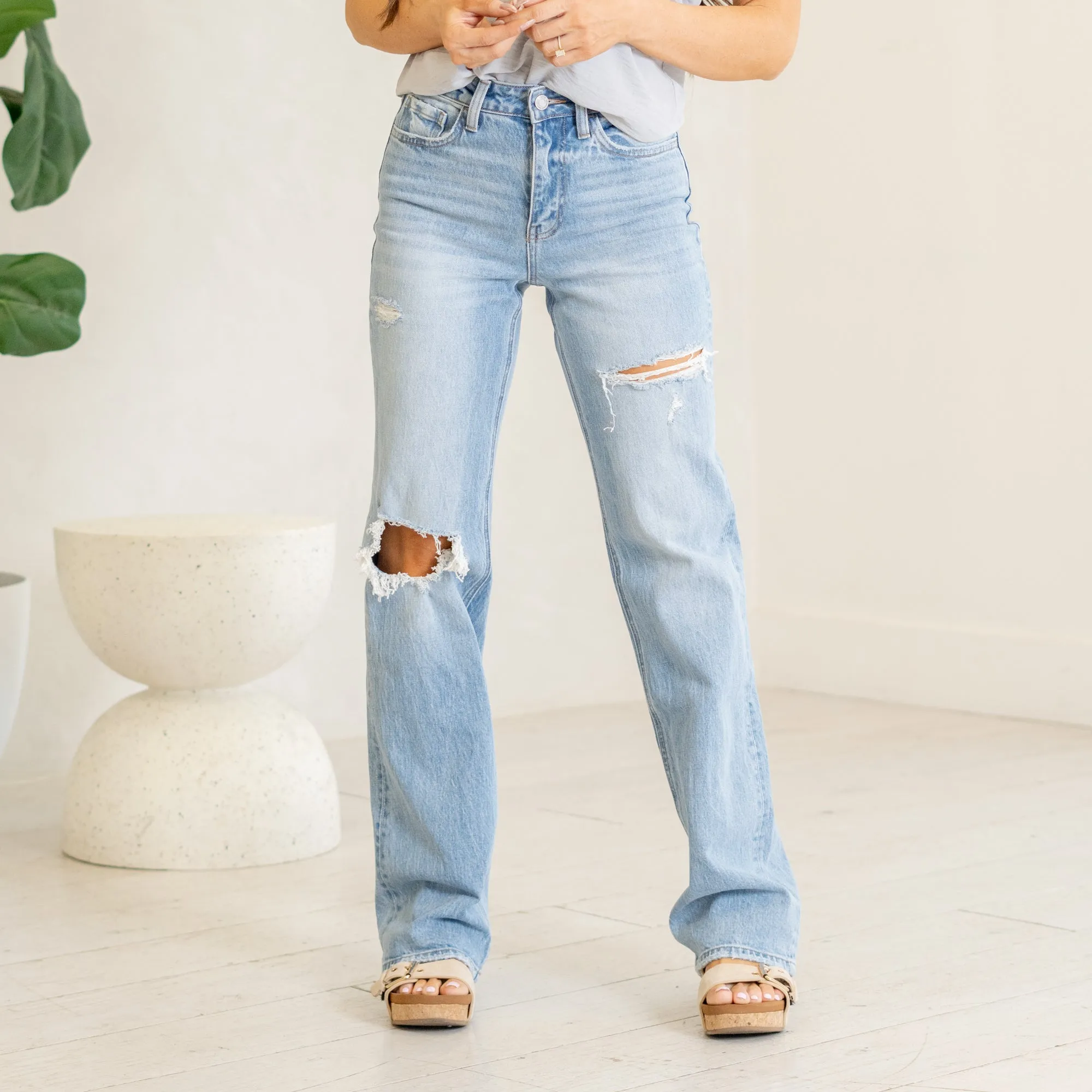 Satisfying Super High Rise Distressed Straight Leg