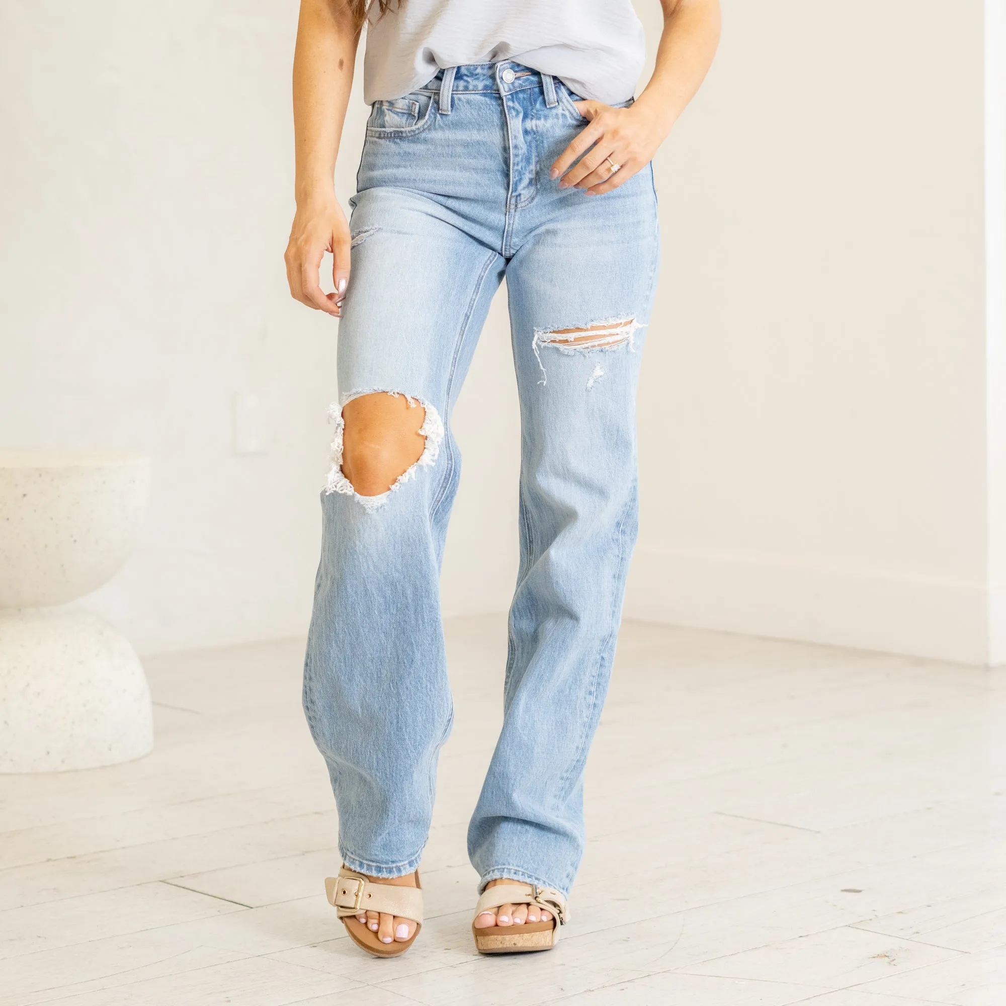 Satisfying Super High Rise Distressed Straight Leg