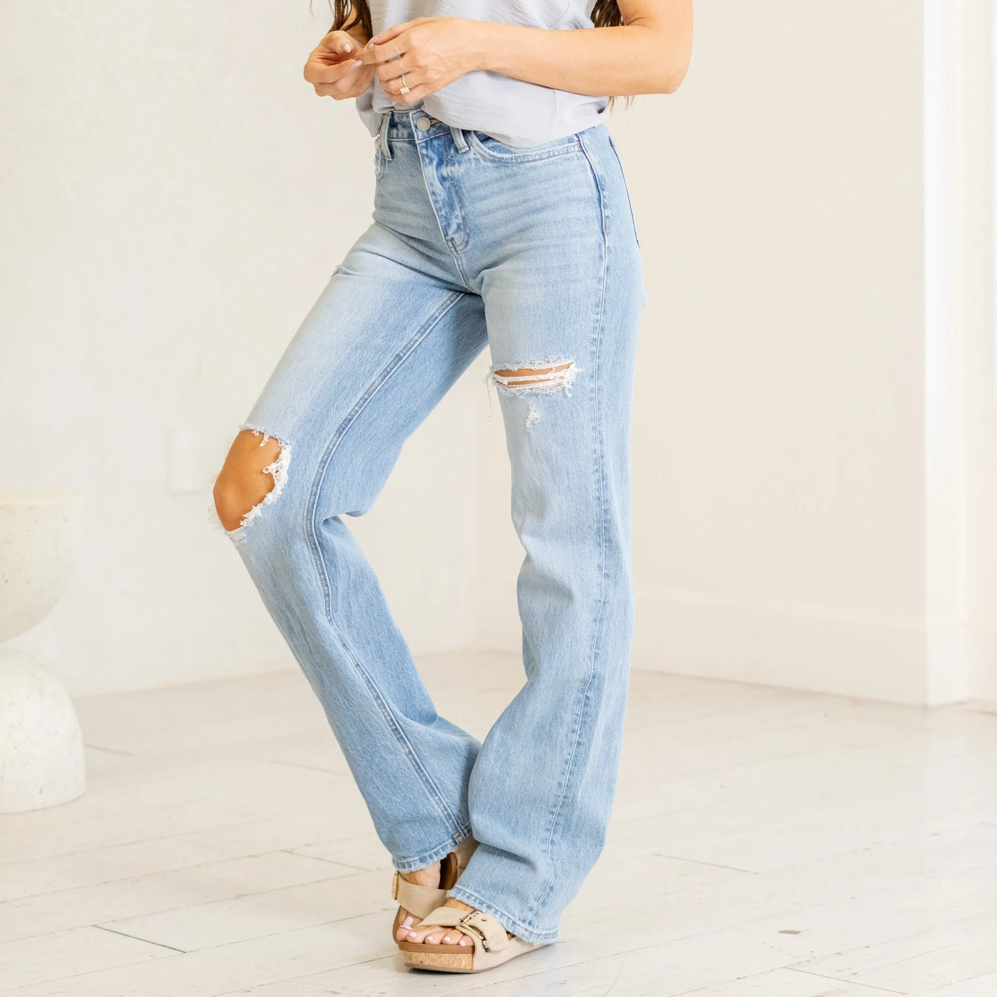 Satisfying Super High Rise Distressed Straight Leg