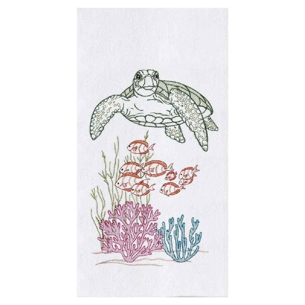 Sea Turtle & Fish Embroidered Flour Sack Tea Towel