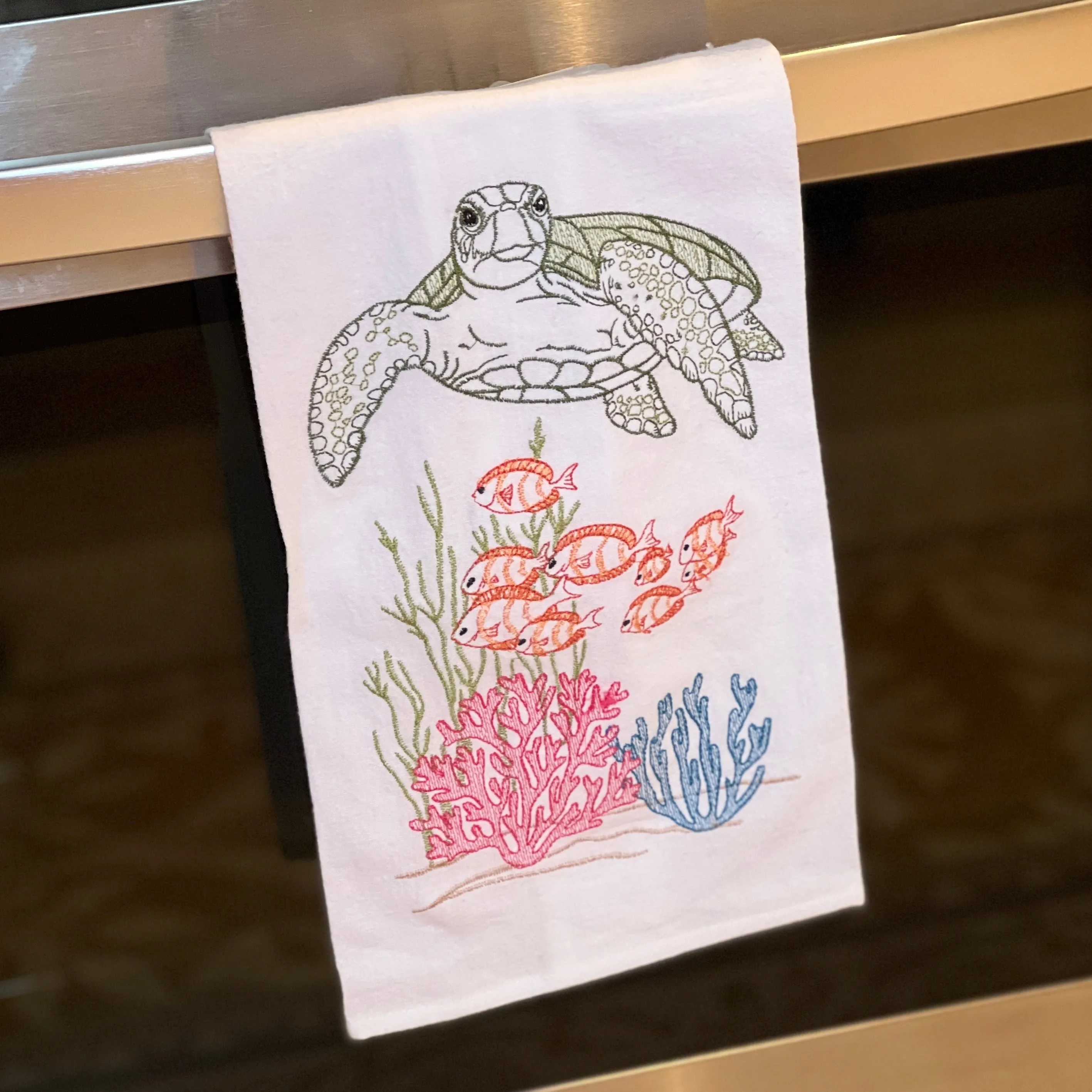 Sea Turtle & Fish Embroidered Flour Sack Tea Towel