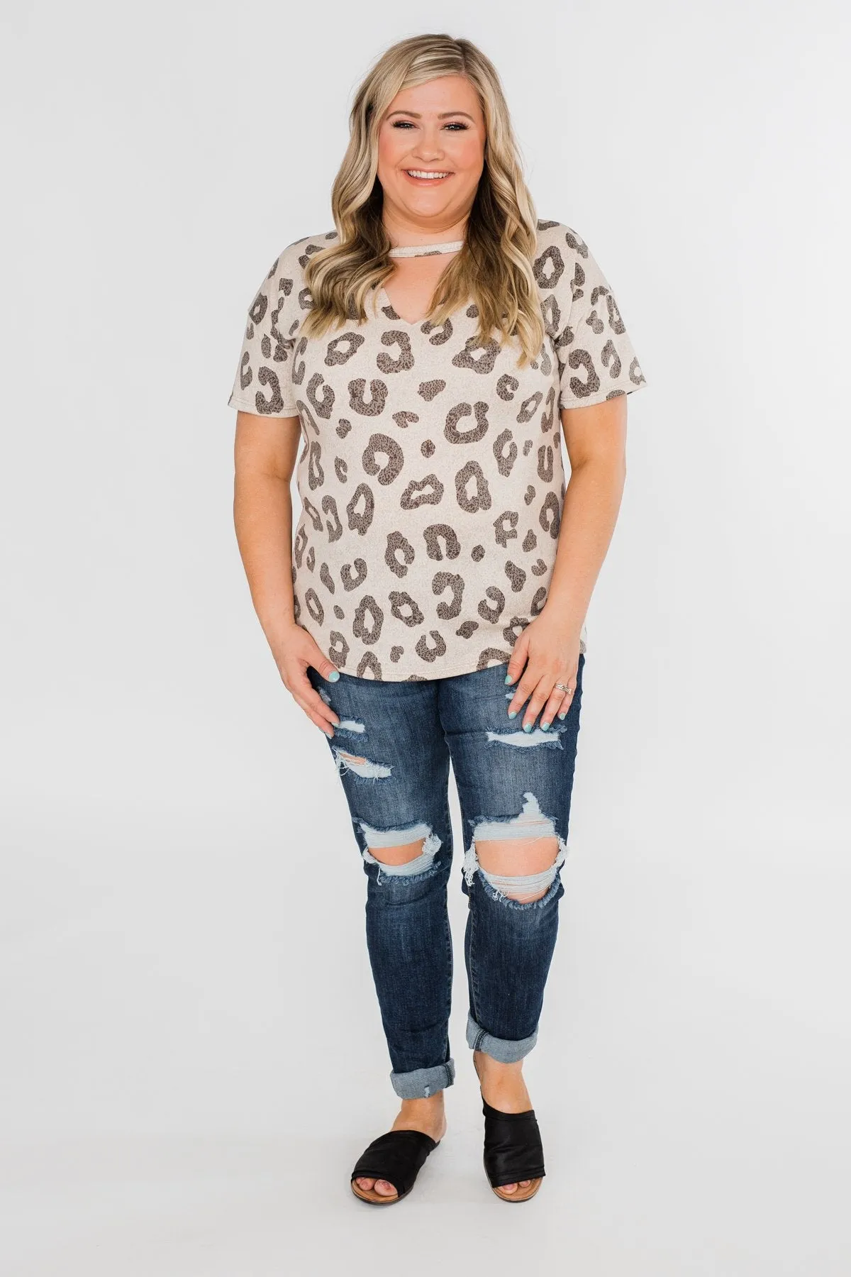 Seeking To Find Mock Neck Leopard Top- Beige