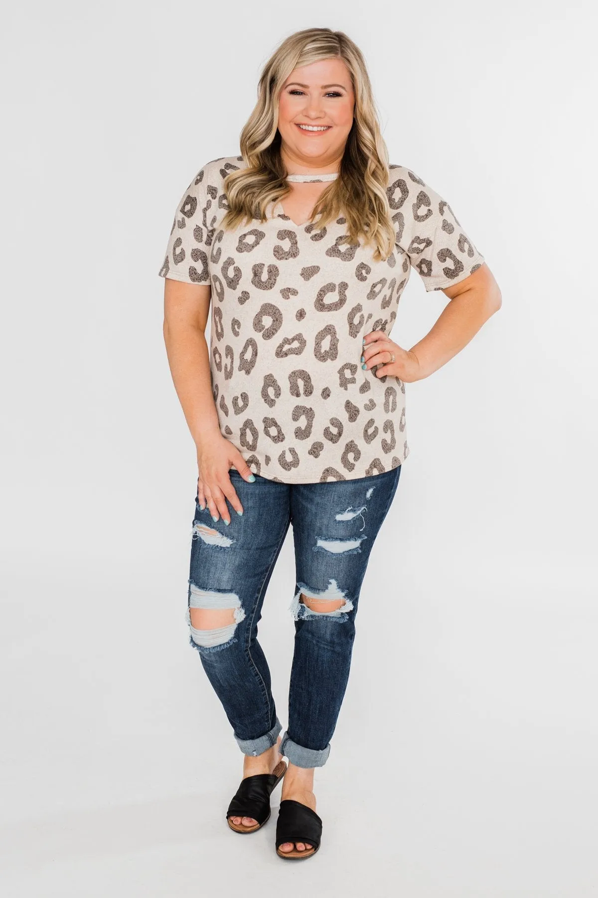 Seeking To Find Mock Neck Leopard Top- Beige