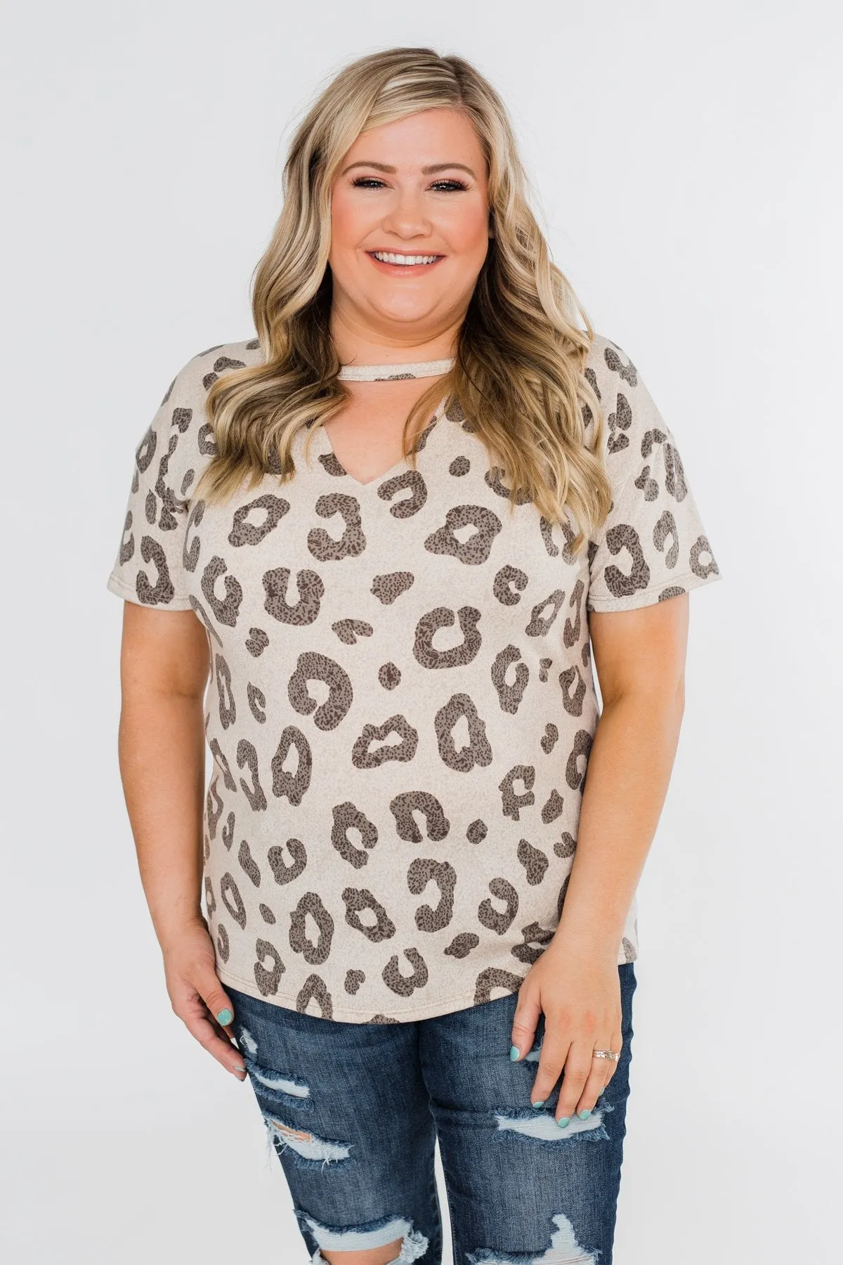 Seeking To Find Mock Neck Leopard Top- Beige