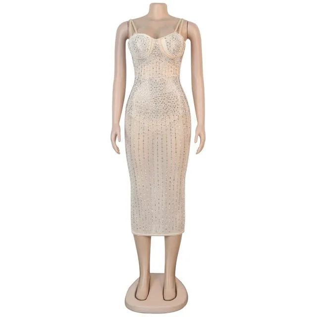Sequin Glitter Crystal Midi Sleeveless Strap Bodycon See Through Dress