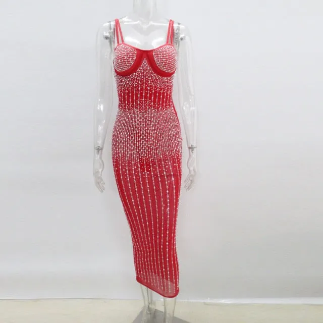 Sequin Glitter Crystal Midi Sleeveless Strap Bodycon See Through Dress