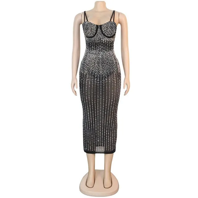 Sequin Glitter Crystal Midi Sleeveless Strap Bodycon See Through Dress