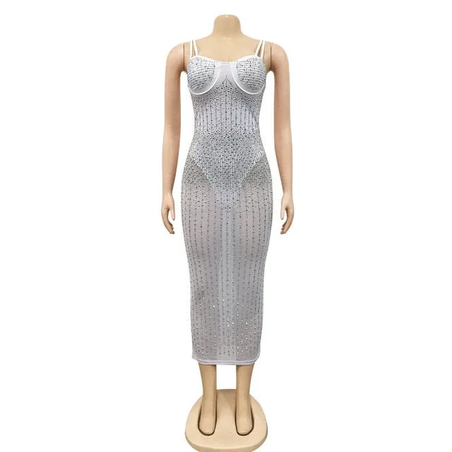 Sequin Glitter Crystal Midi Sleeveless Strap Bodycon See Through Dress