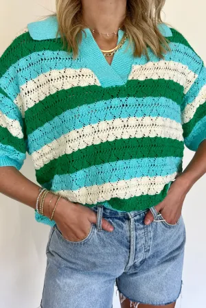 Sky Blue Stripe Short Sleeve Collared V Neck Knit Top