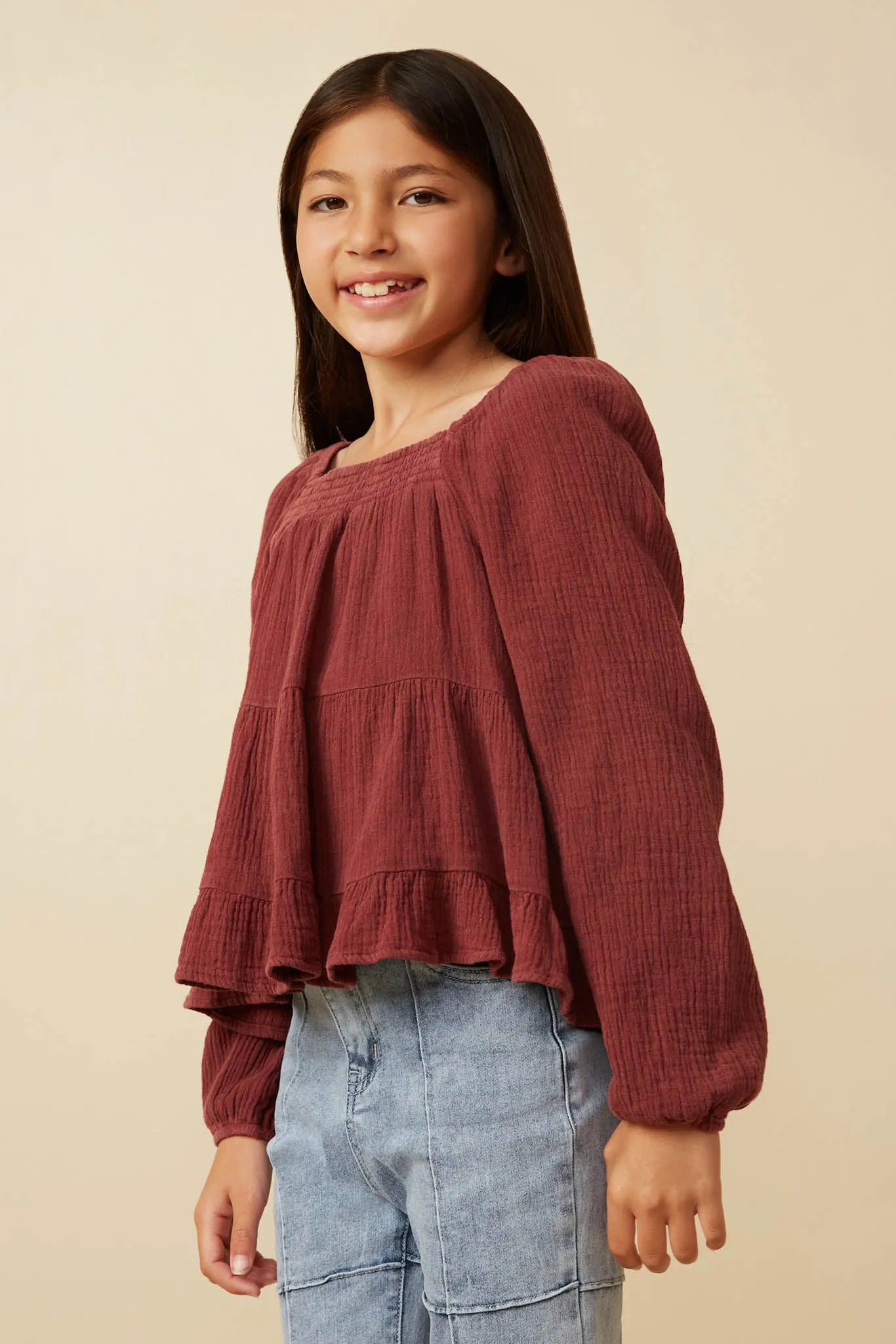Smock Detailed Textured Washed Peplum Top