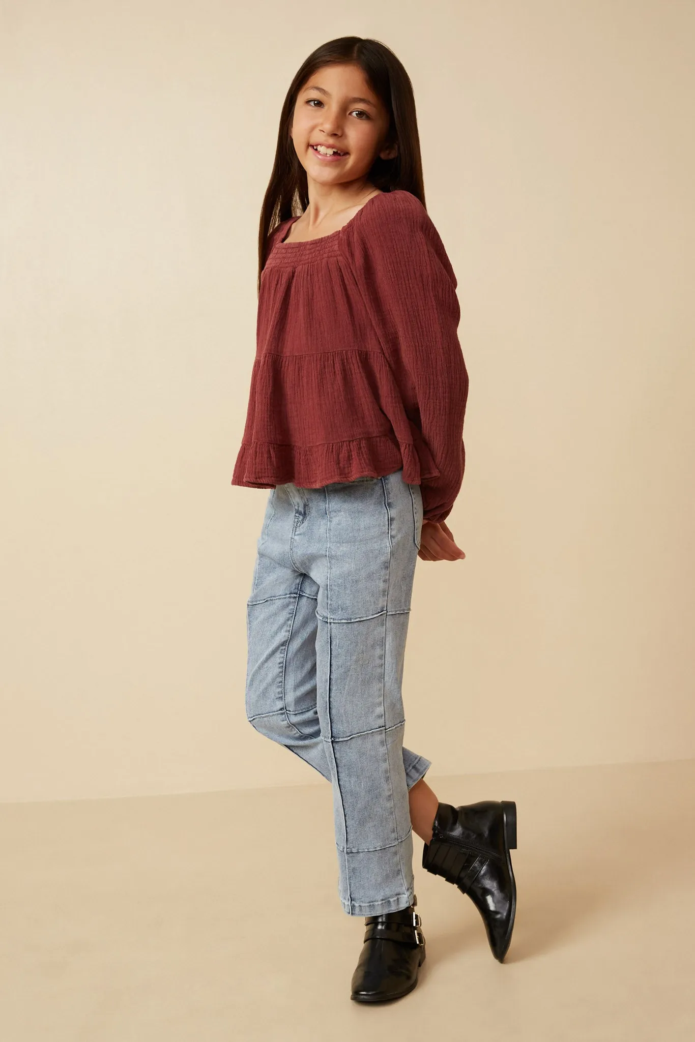 Smock Detailed Textured Washed Peplum Top