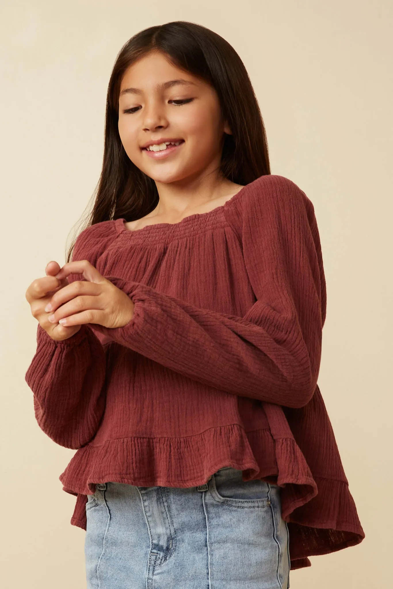 Smock Detailed Textured Washed Peplum Top