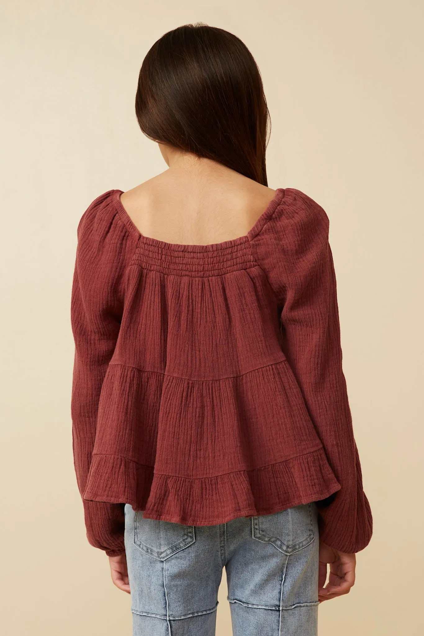 Smock Detailed Textured Washed Peplum Top