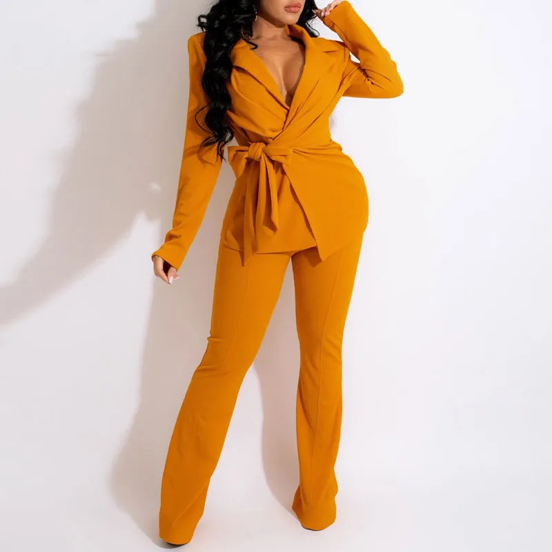 Solid V-Neck Long Sleeve Top & Pants Set