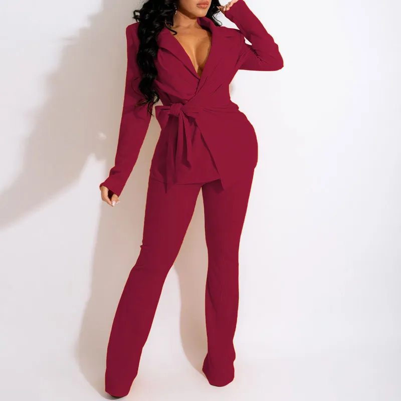 Solid V-Neck Long Sleeve Top & Pants Set