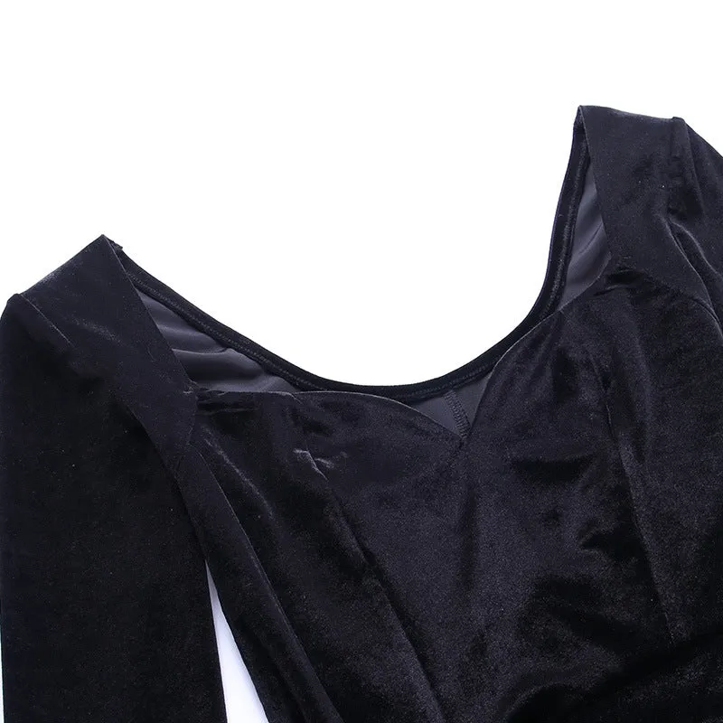 Square Collar Velvet Gloves Party Bodycon Midi Dresses
