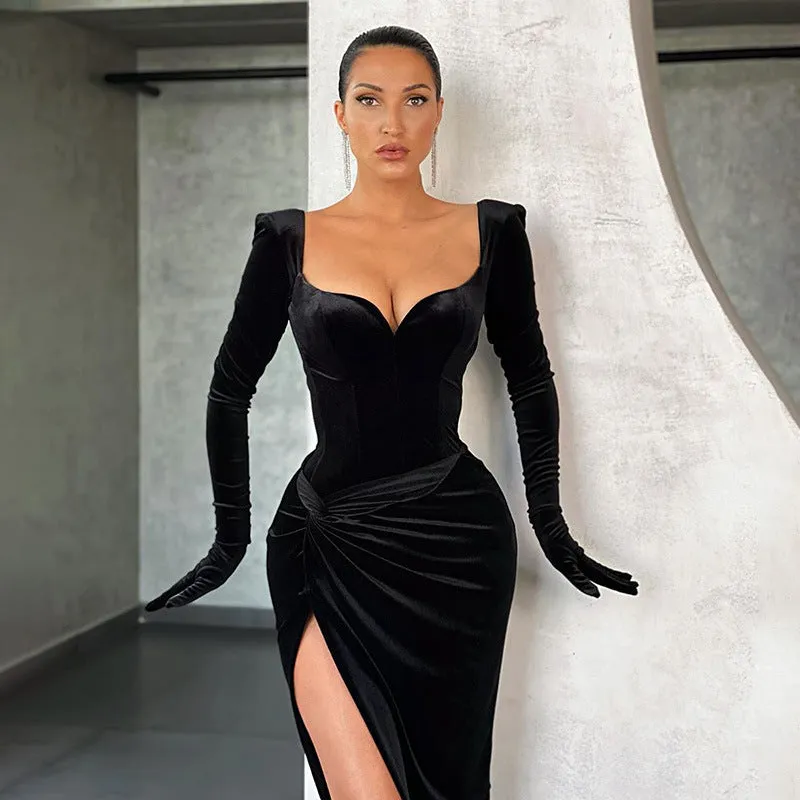Square Collar Velvet Gloves Party Bodycon Midi Dresses