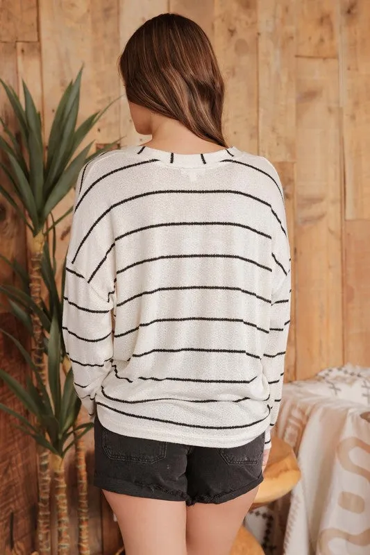 STRIPE V NECK DROP SHOULDER LONG SLEEVE