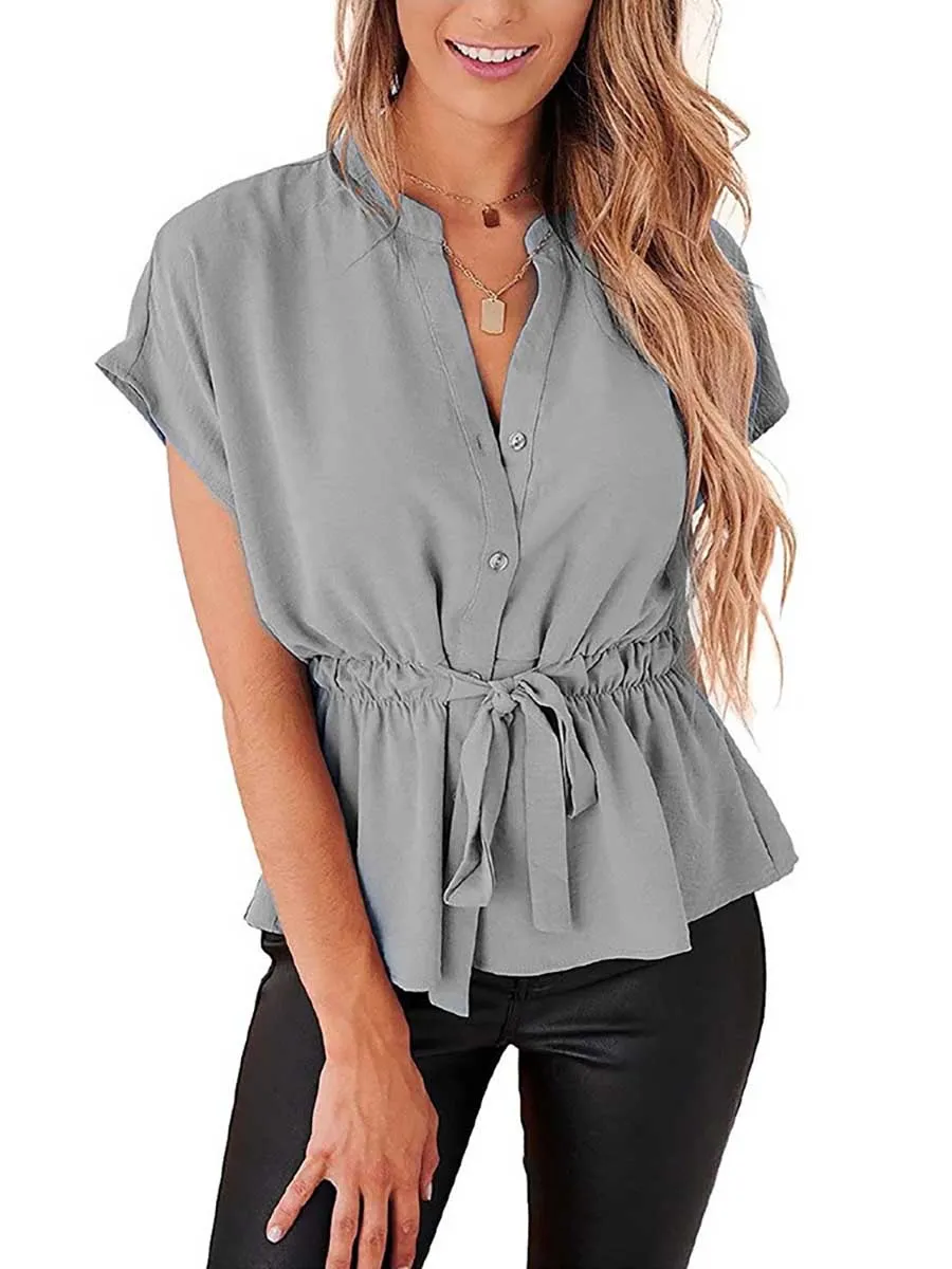 Stunncal V-Neck Drawstring Belt Chiffon Bat Shirt
