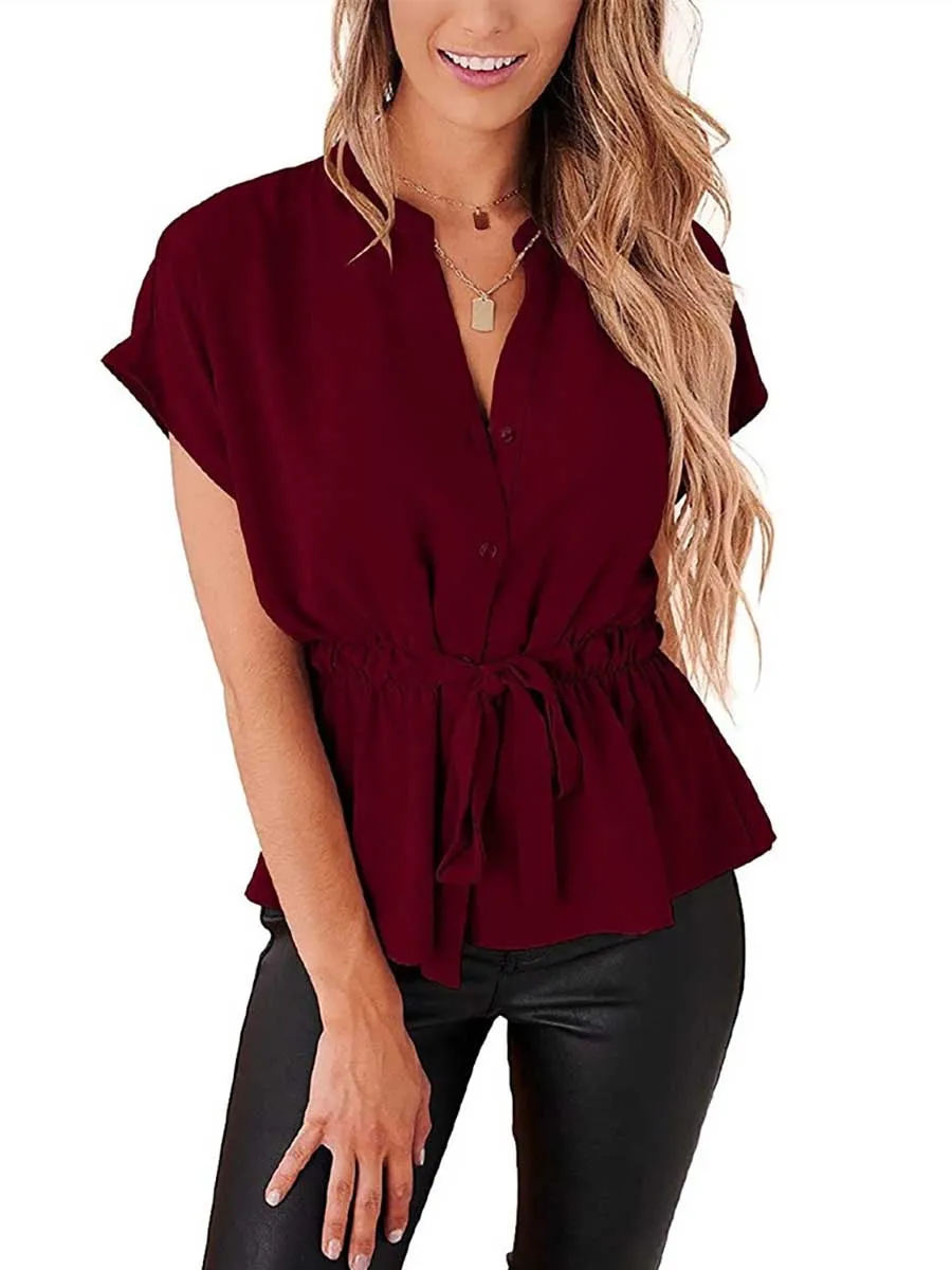 Stunncal V-Neck Drawstring Belt Chiffon Bat Shirt