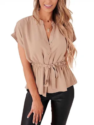 Stunncal V-Neck Drawstring Belt Chiffon Bat Shirt