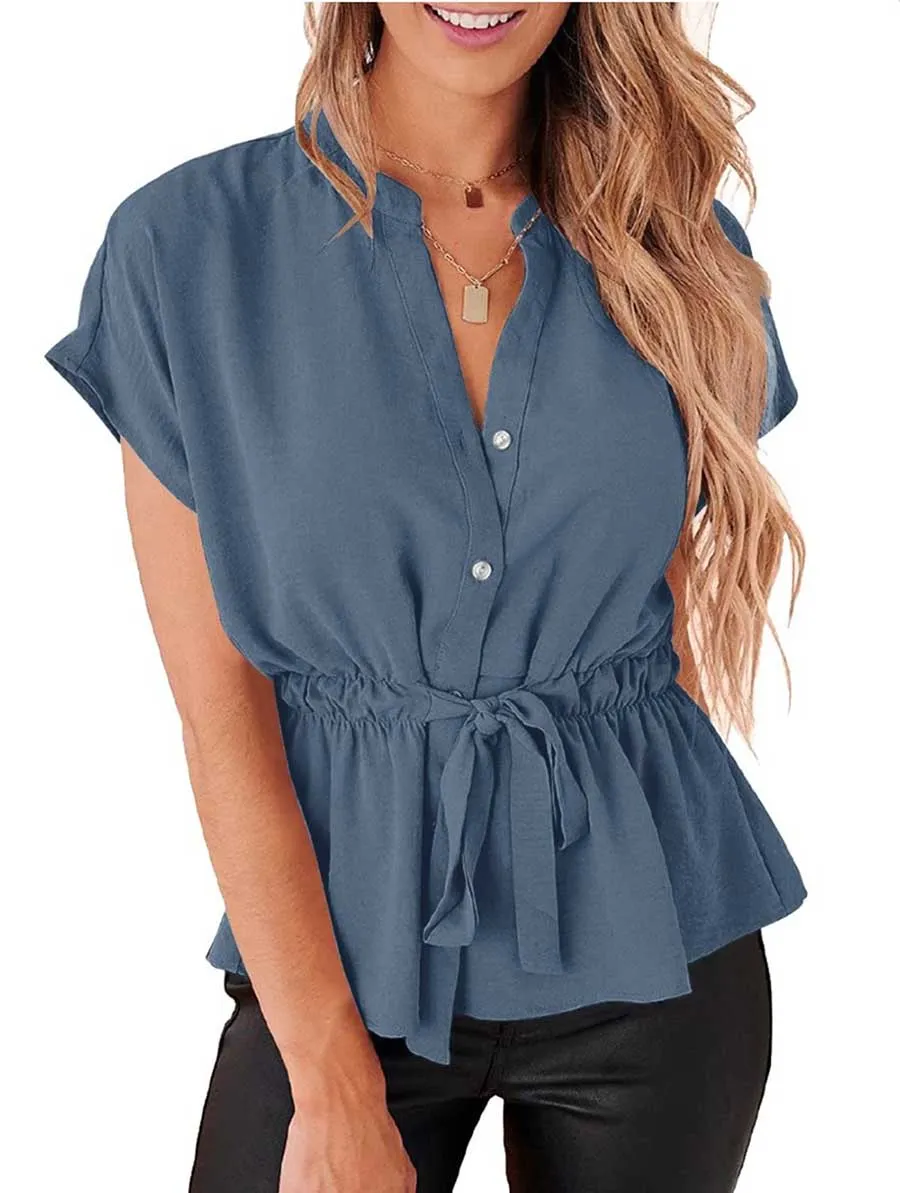 Stunncal V-Neck Drawstring Belt Chiffon Bat Shirt