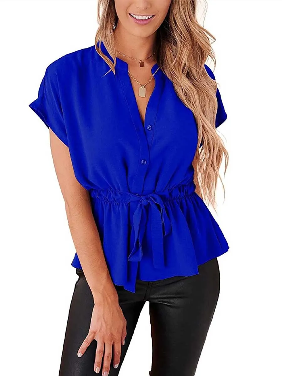 Stunncal V-Neck Drawstring Belt Chiffon Bat Shirt