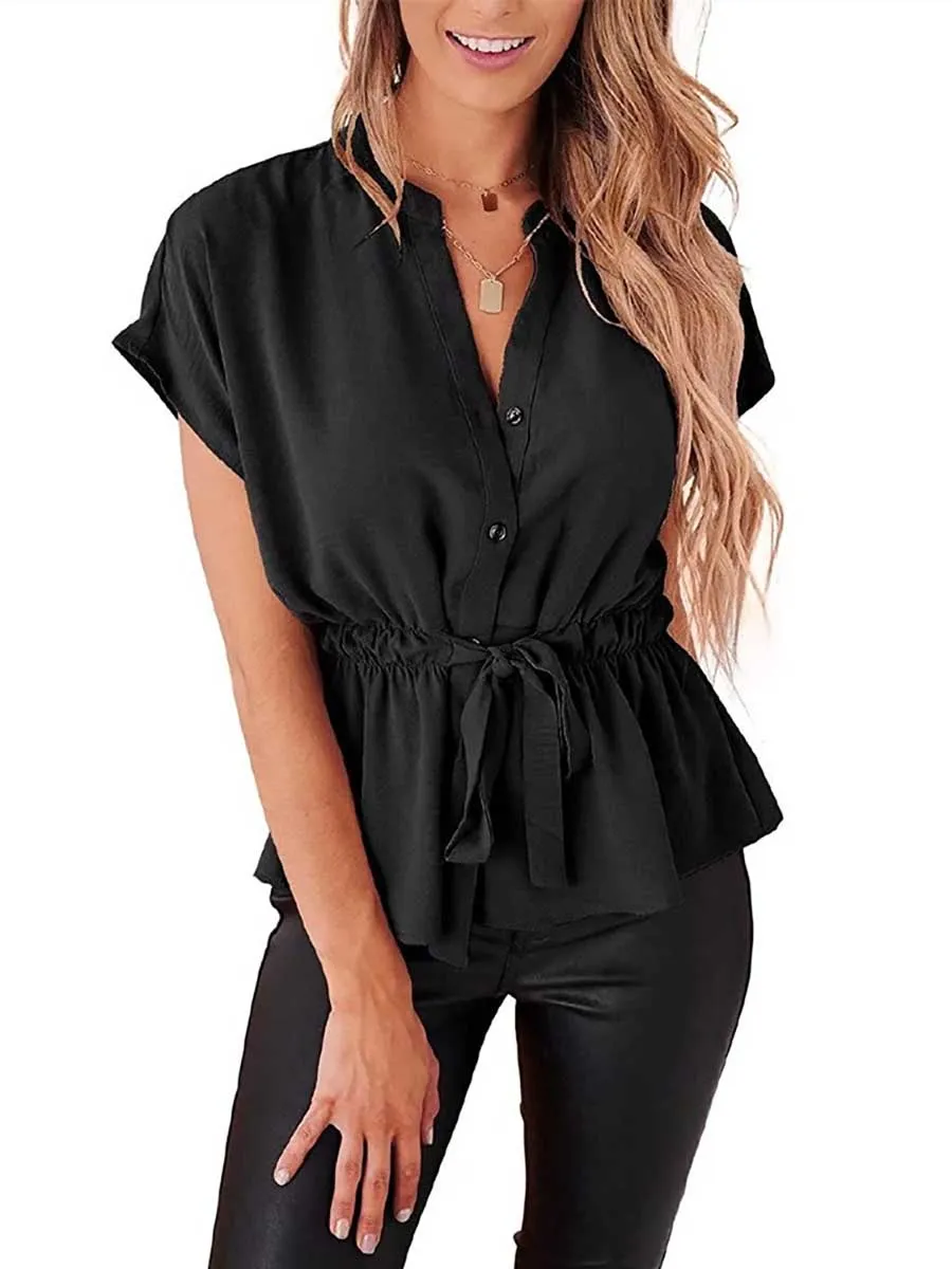 Stunncal V-Neck Drawstring Belt Chiffon Bat Shirt