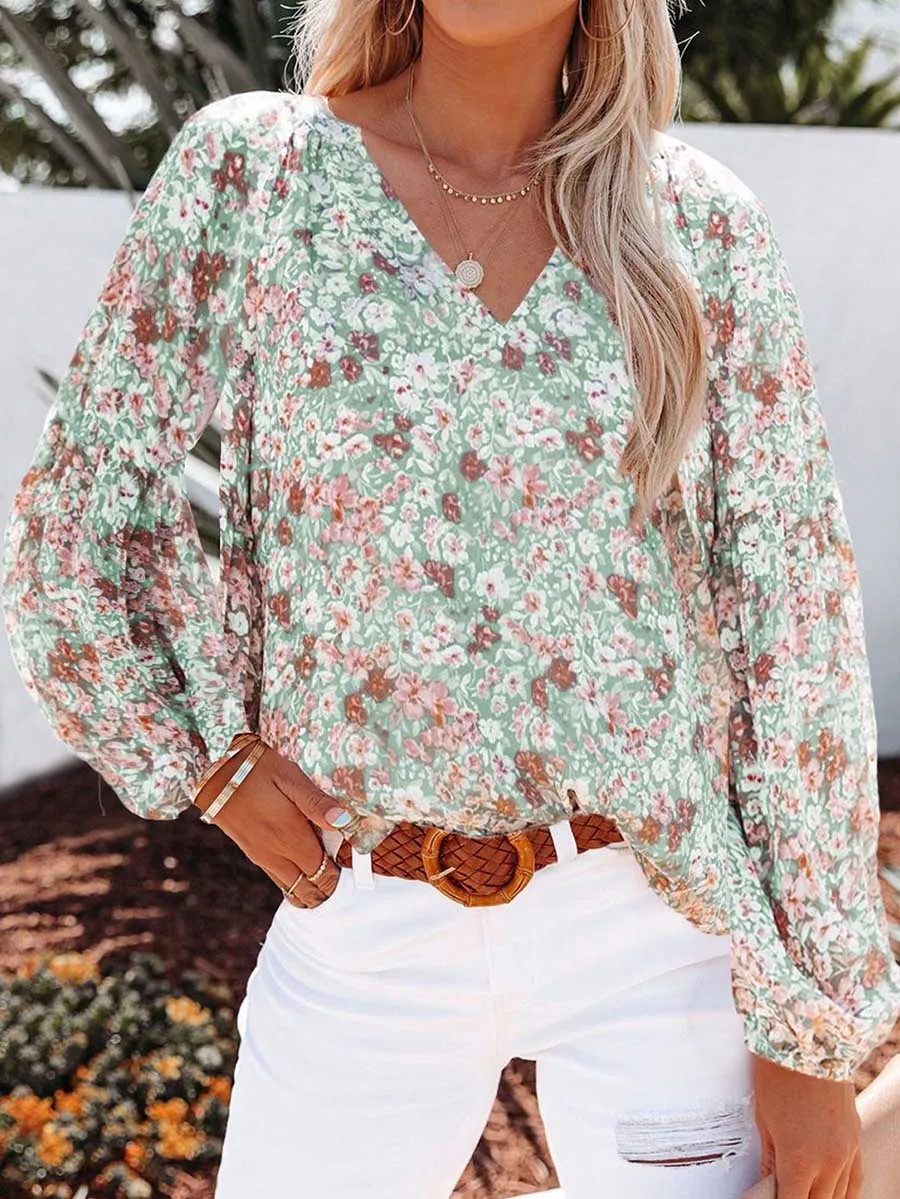 Stunncal V-neck Floral Chiffon Shirt