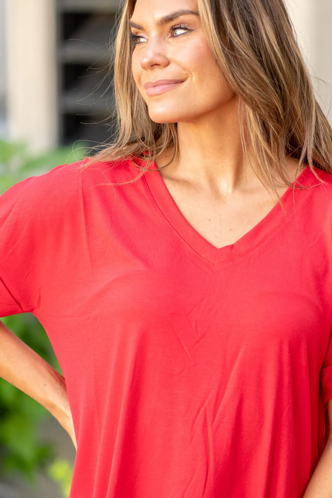 Super Soft Tee High Low Hem V Neck Top - Ruby