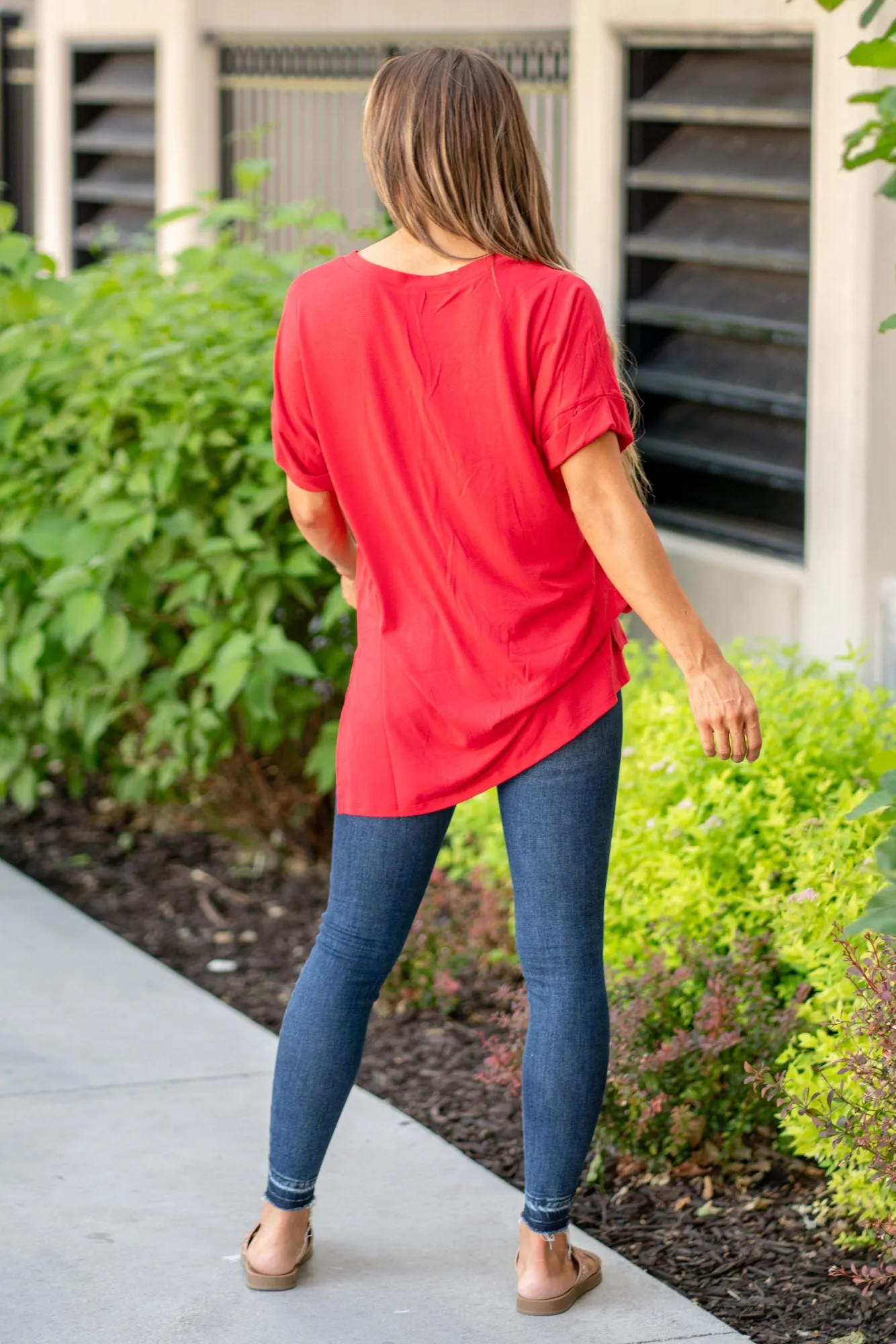 Super Soft Tee High Low Hem V Neck Top - Ruby