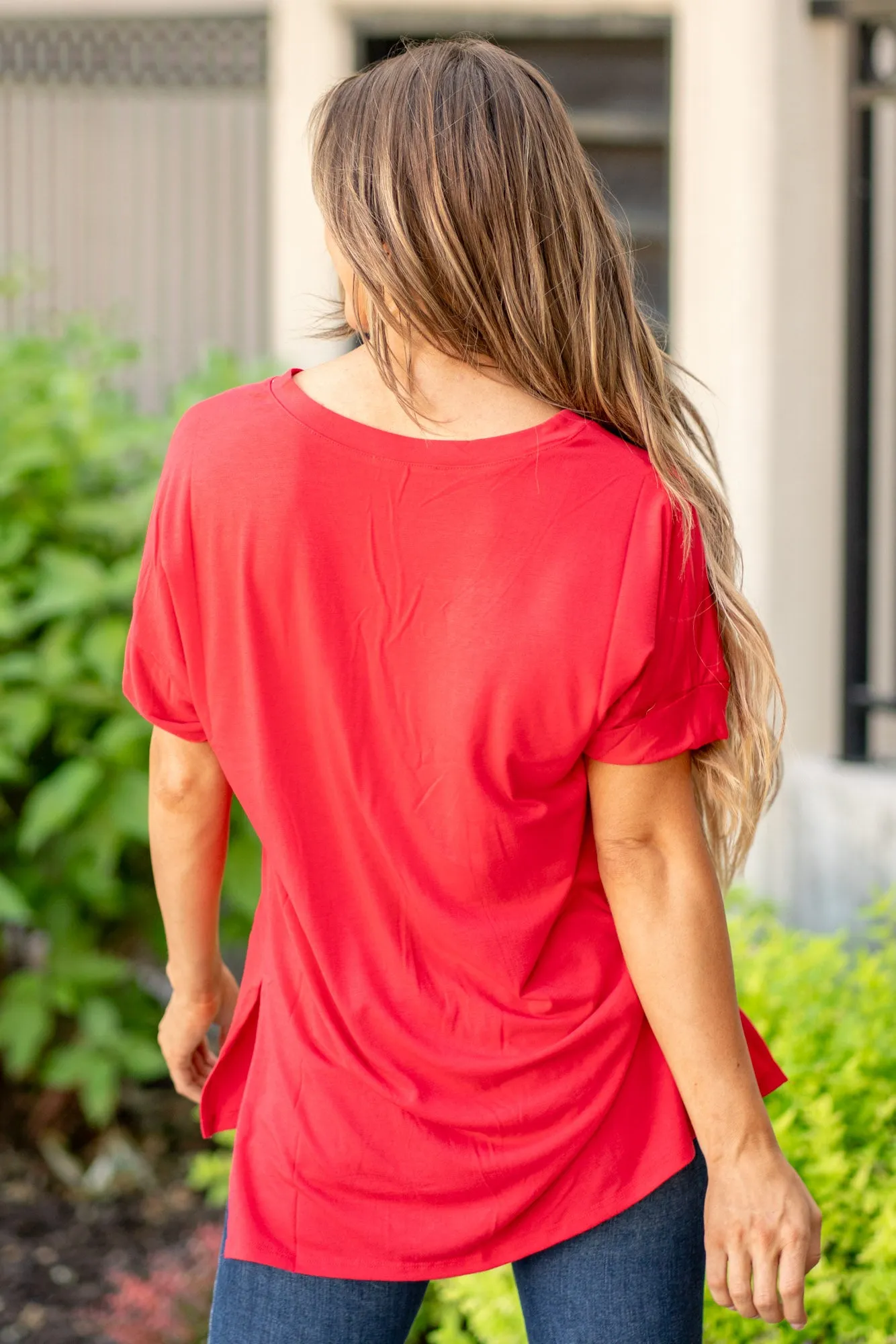 Super Soft Tee High Low Hem V Neck Top - Ruby