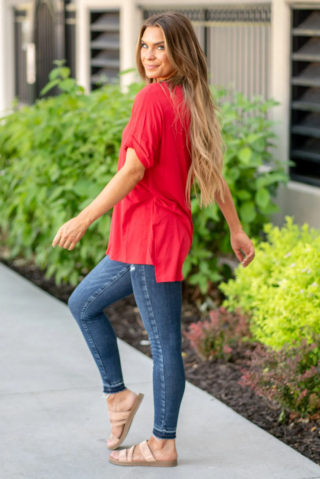 Super Soft Tee High Low Hem V Neck Top - Ruby