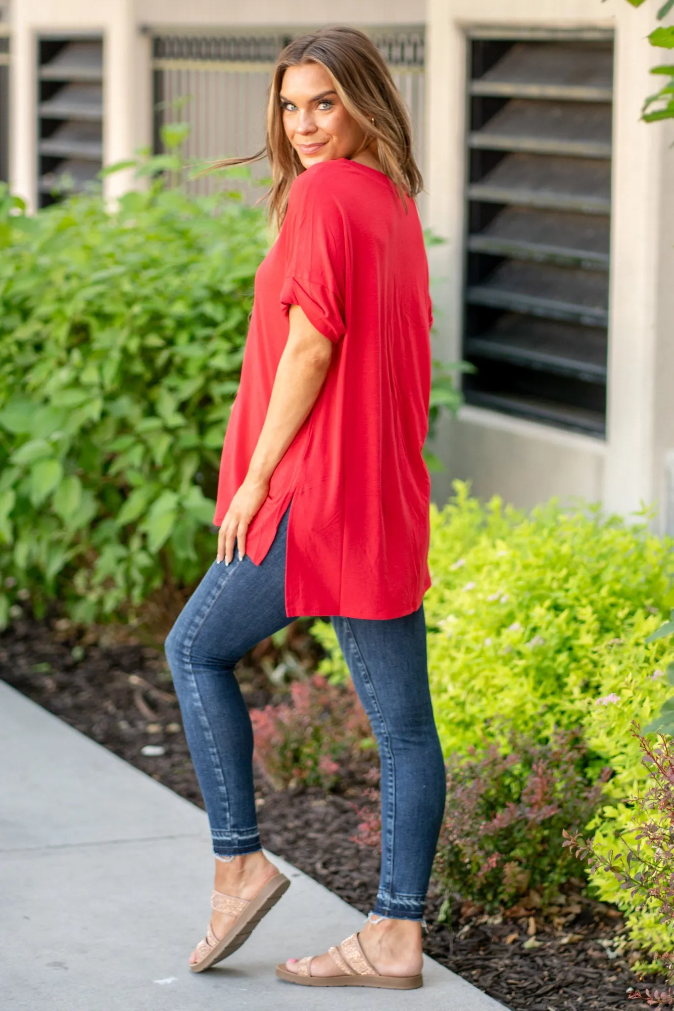 Super Soft Tee High Low Hem V Neck Top - Ruby