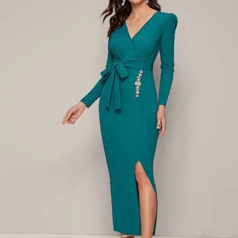 Surplice Neck Rhinestone Detail Split Hem Belted Dress