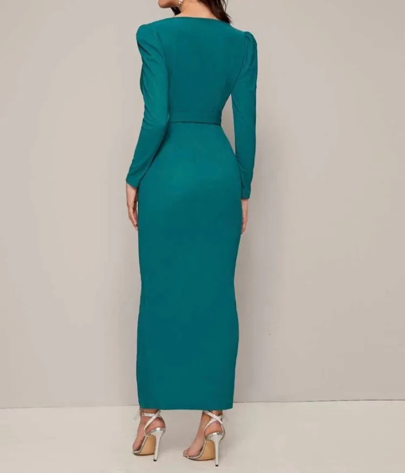 Surplice Neck Rhinestone Detail Split Hem Belted Dress