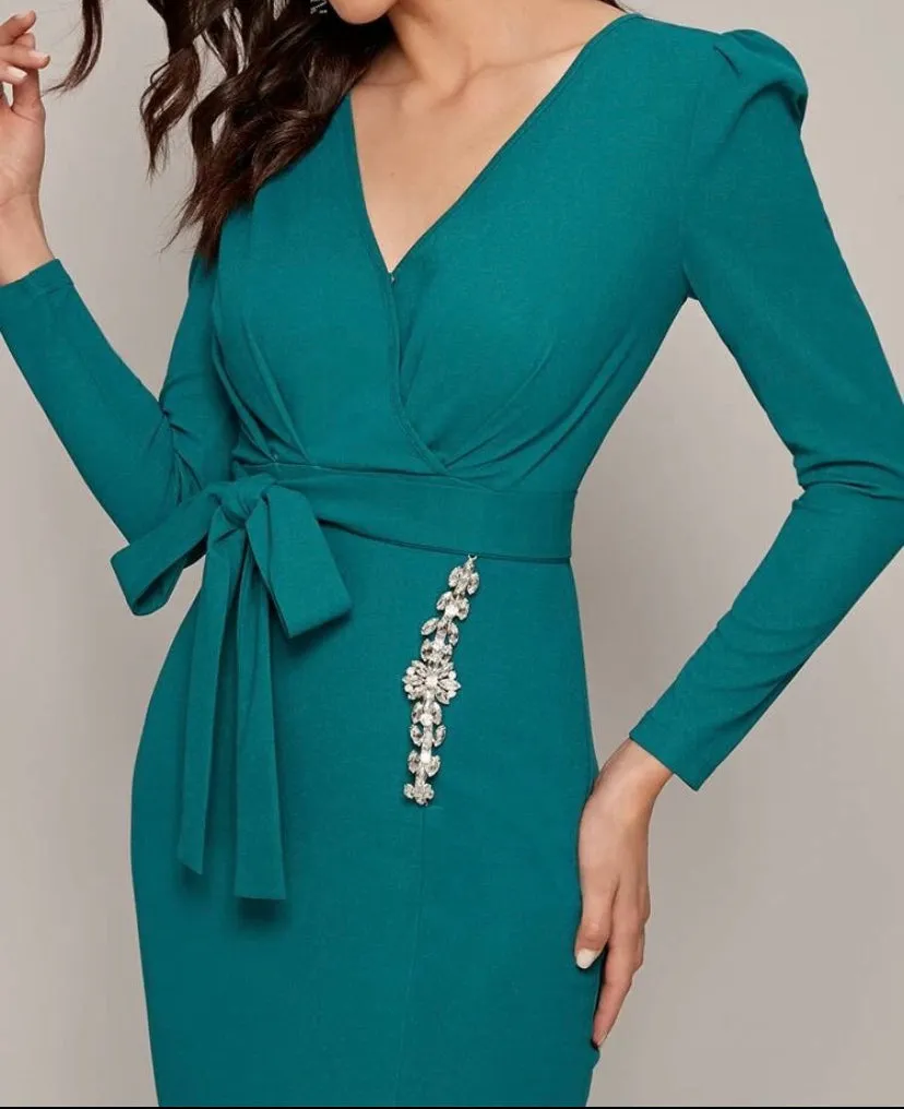 Surplice Neck Rhinestone Detail Split Hem Belted Dress