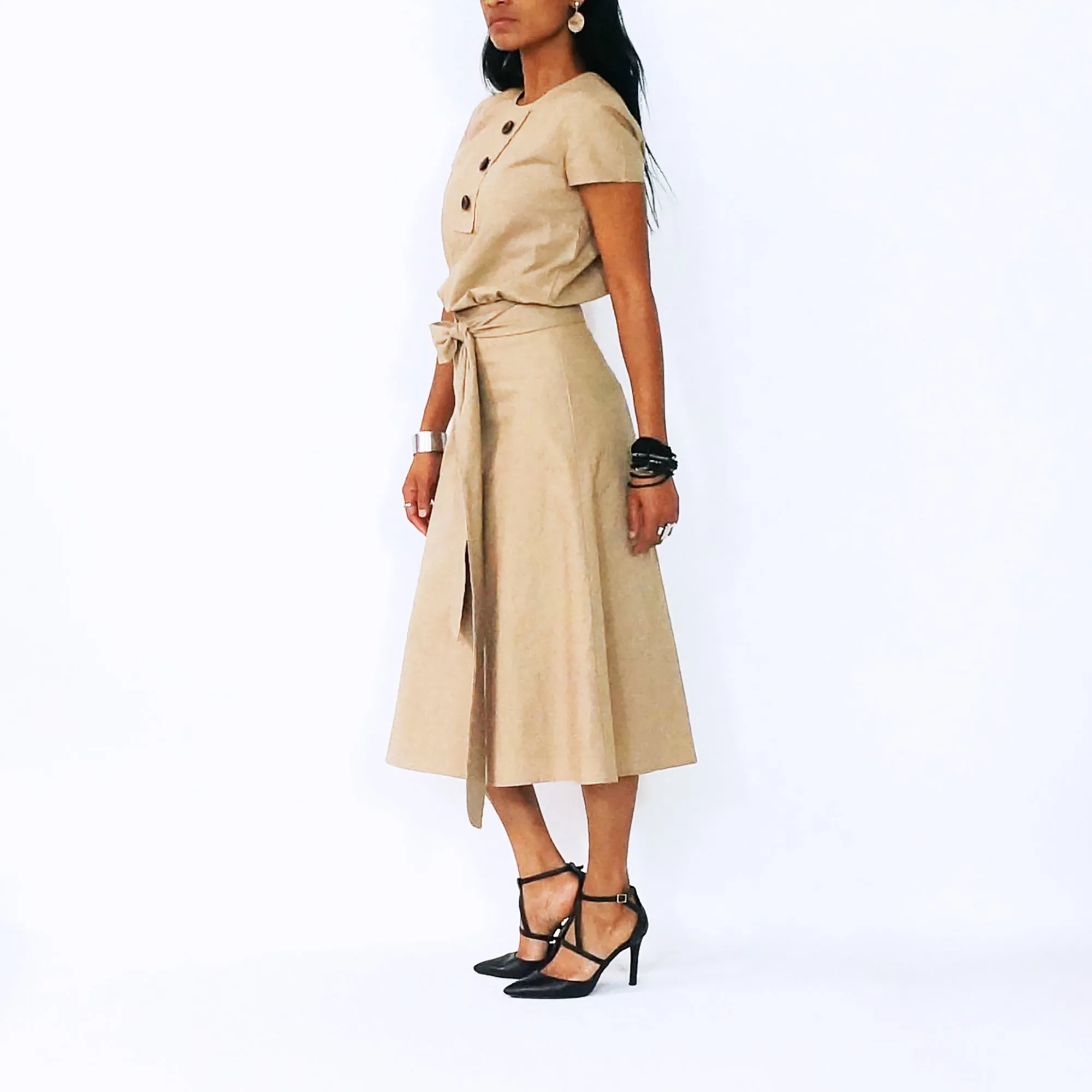 Tan Short Sleeves With Decorative Front Buttons Top | ALPHONSINA