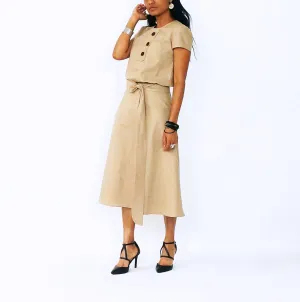 Tan Short Sleeves With Decorative Front Buttons Top | ALPHONSINA