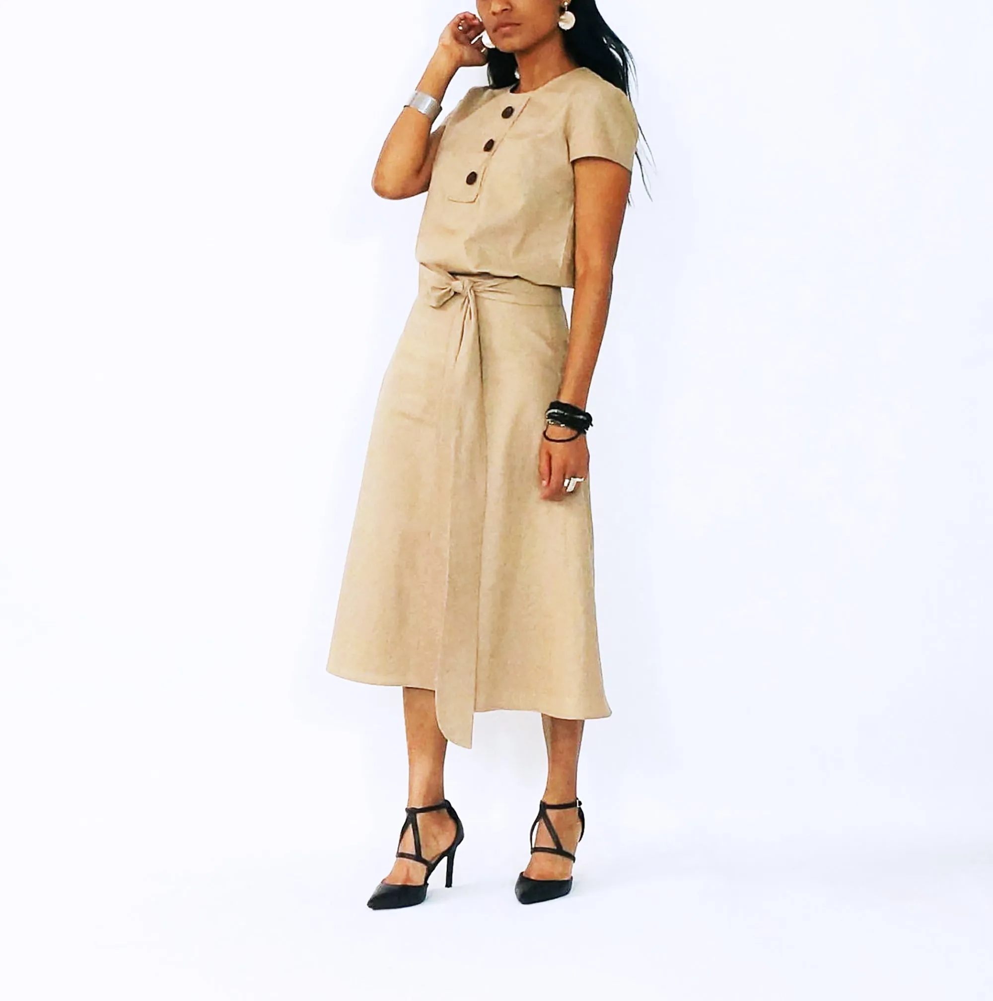 Tan Short Sleeves With Decorative Front Buttons Top | ALPHONSINA