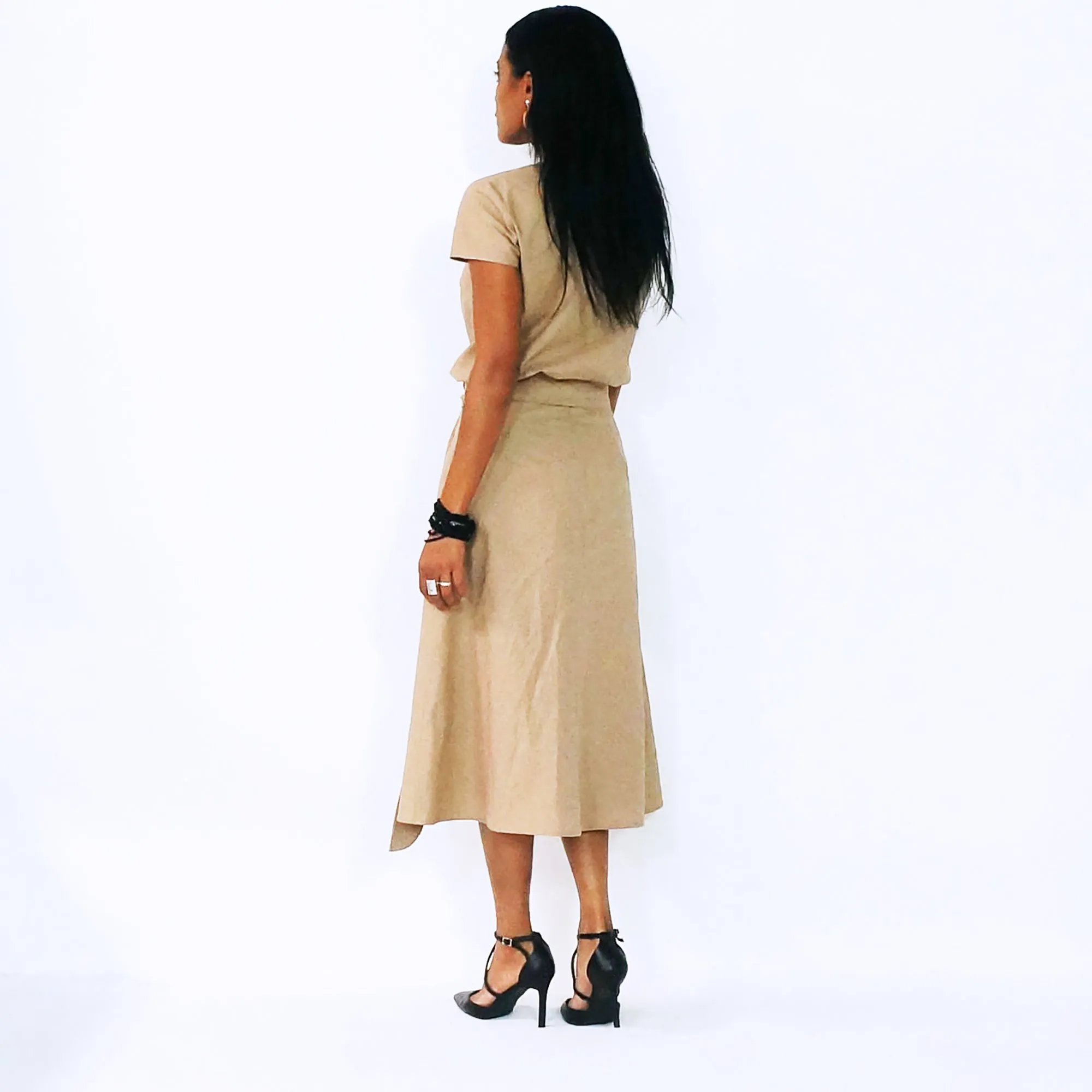 Tan Short Sleeves With Decorative Front Buttons Top | ALPHONSINA