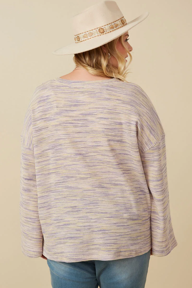 Textured V Neck Drop Shoulder Marled Knit Top