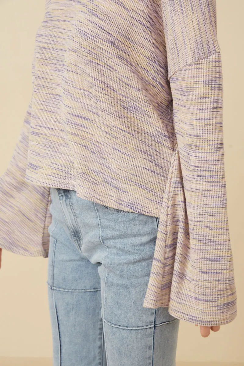 Textured V Neck Drop Shoulder Marled Knit Top
