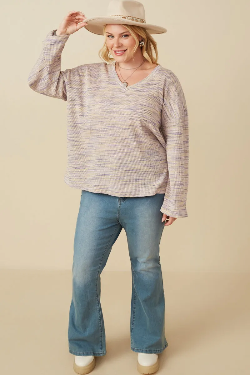 Textured V Neck Drop Shoulder Marled Knit Top