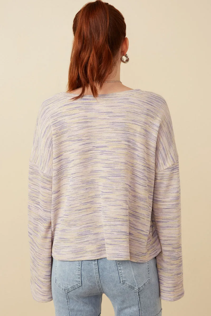 Textured V Neck Drop Shoulder Marled Knit Top