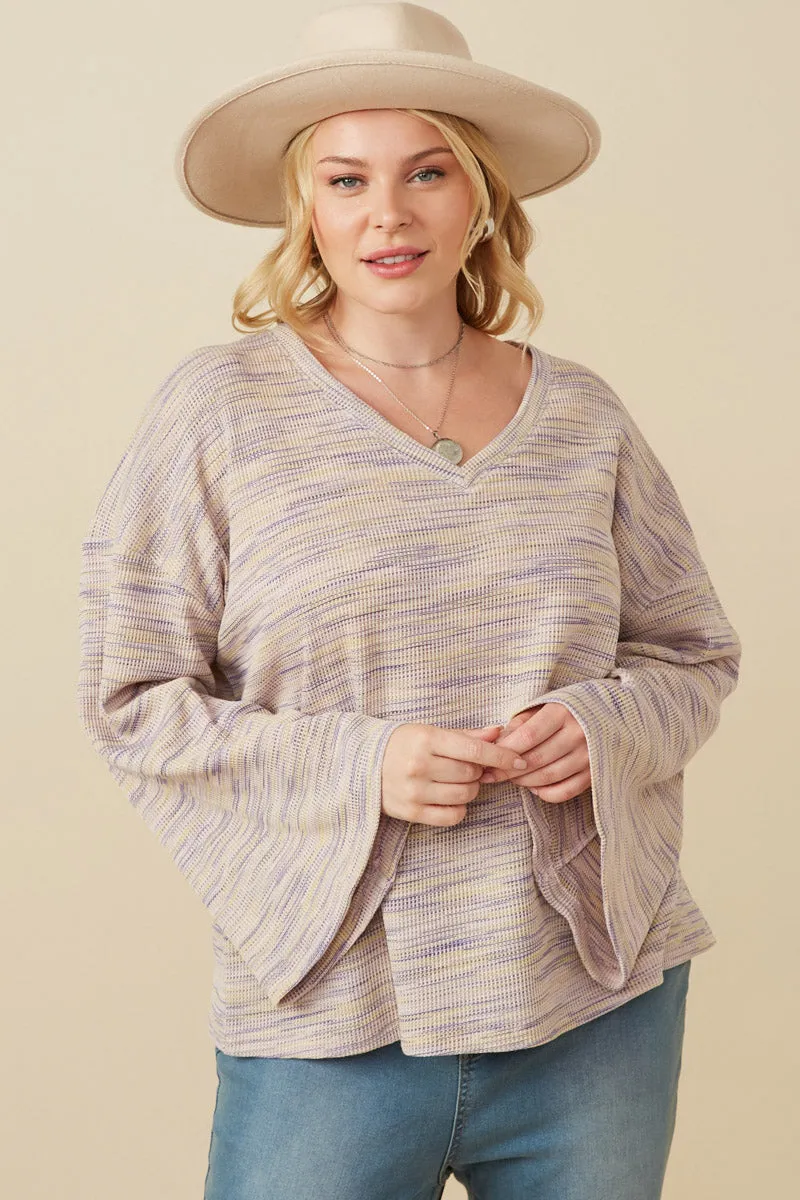 Textured V Neck Drop Shoulder Marled Knit Top
