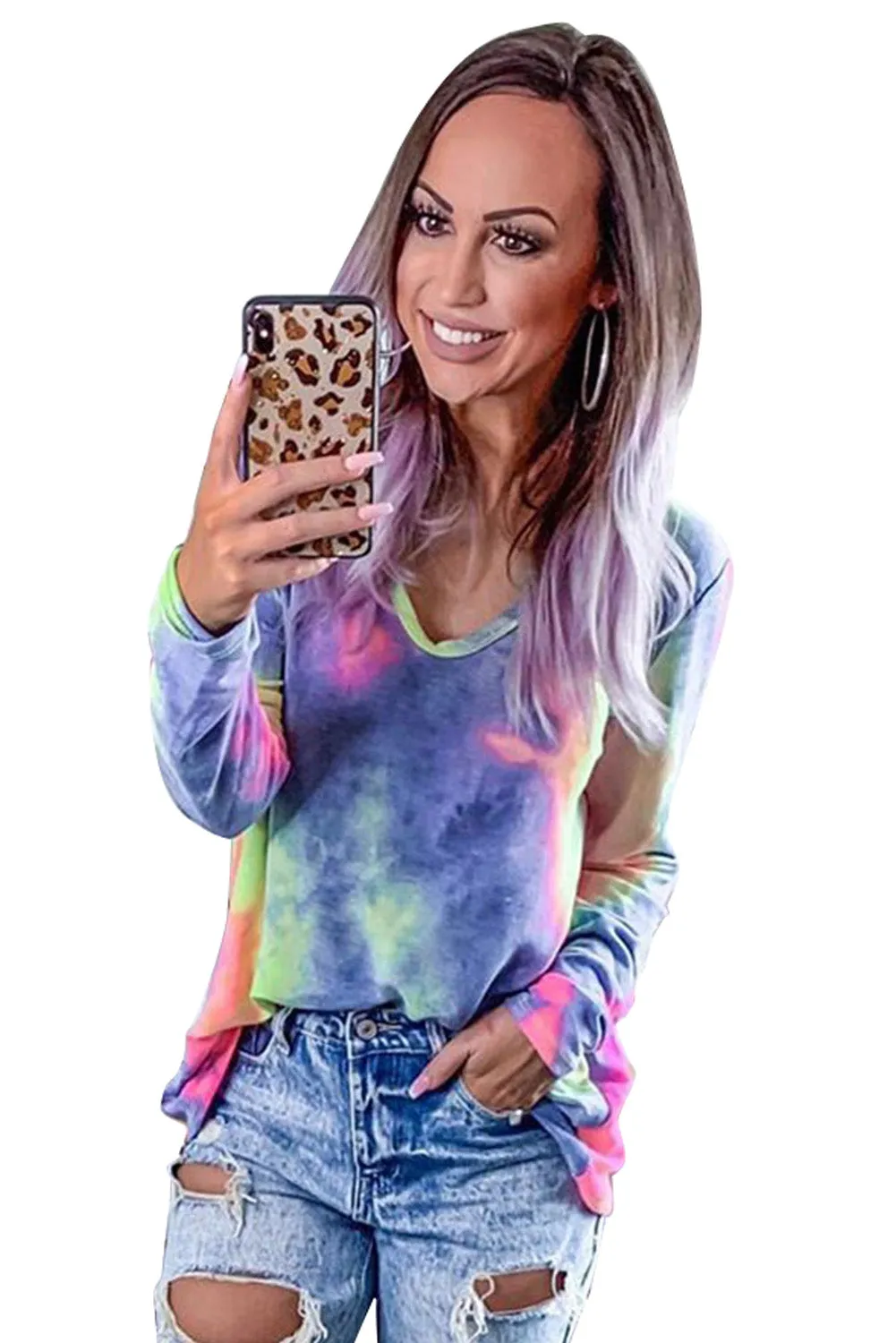 Tie-dye V Neck Long Sleeves Top