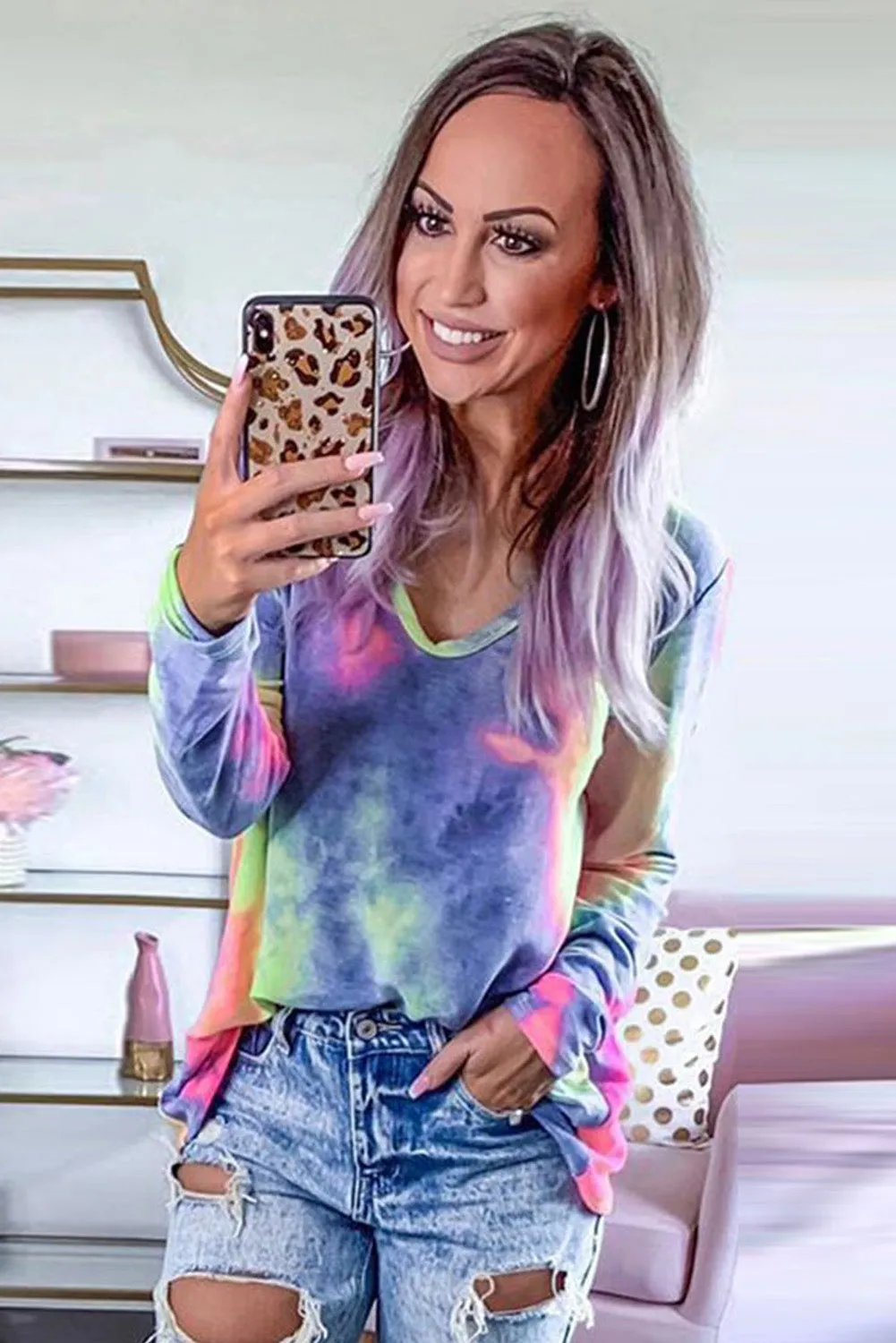 Tie-dye V Neck Long Sleeves Top