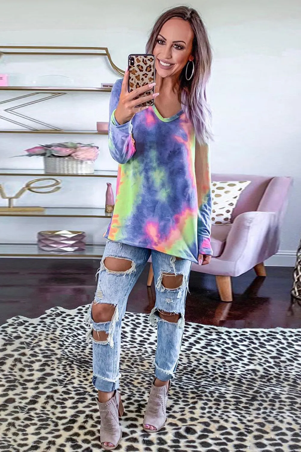 Tie-dye V Neck Long Sleeves Top